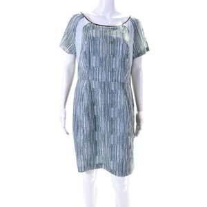 O2nd Womens Striped Print Round Neck Short Sleeve Midi Dress Blue Size 10